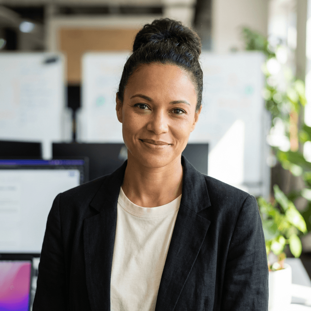 Professional woman in business attire smiling in modern office setting