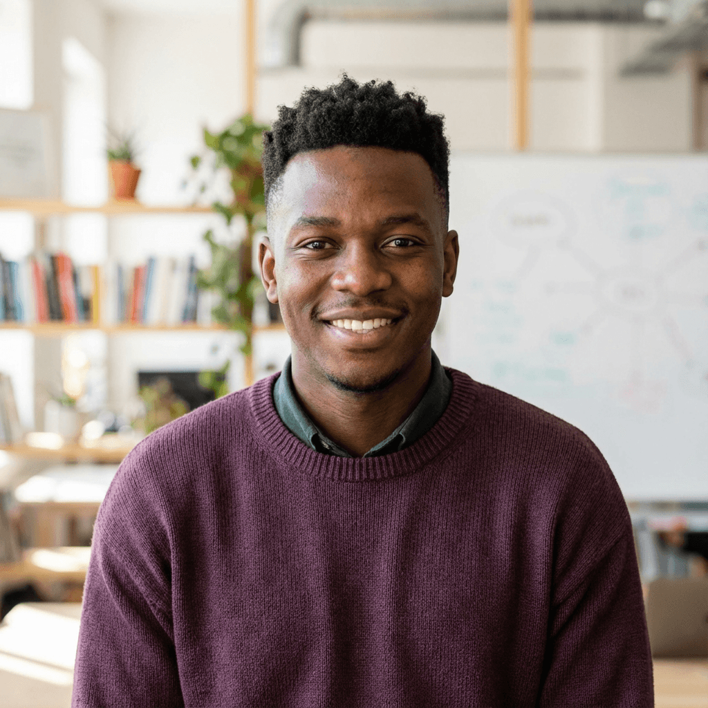 Professional business owner in early 40s, Black, confident and friendly demeanor, corporate setting