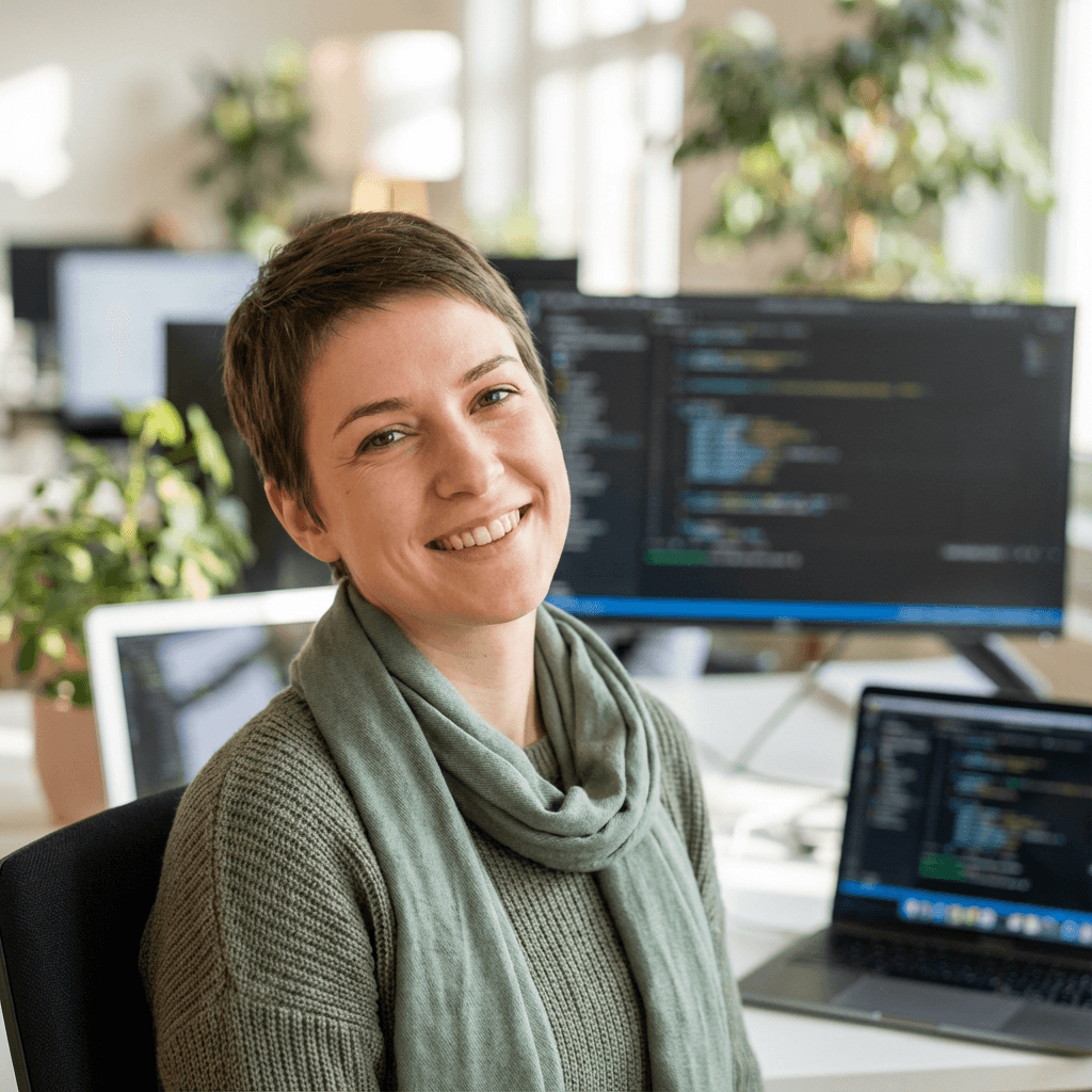 Female professional in her 30s with warm confident smile in workplace