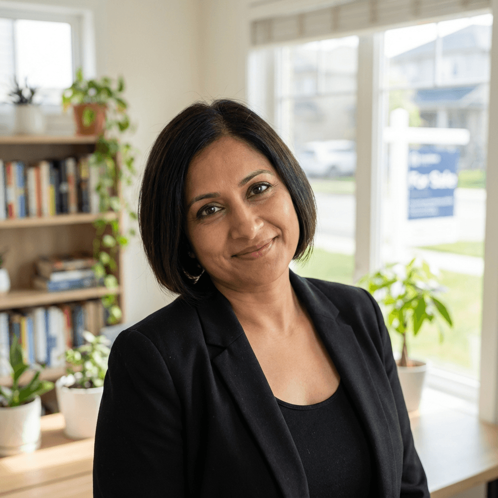 Female operations manager in late 30s, South Asian, professional and capable demeanor, corporate environment